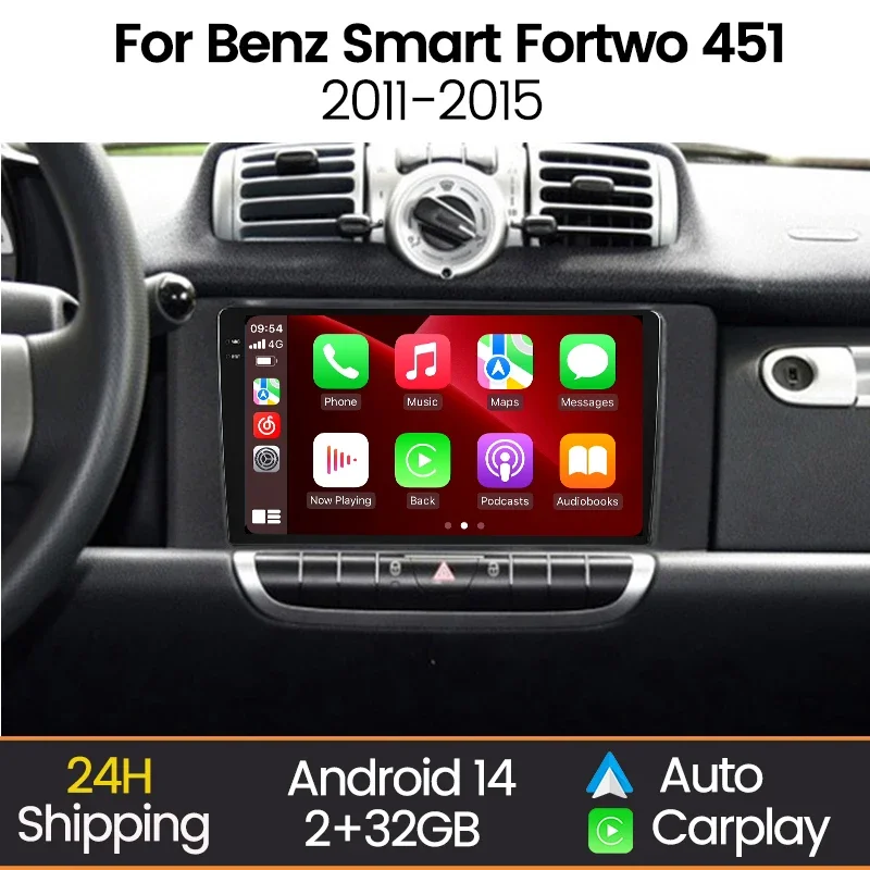 Android 14 Car Radio CarPlay For Mercedes-Benz Smart Fortwo 451 2005-2015 Car Intelligent System Multimedia Navigation Stereo BT