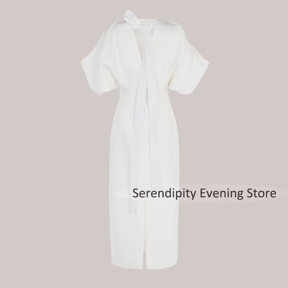 Midi-cocktailjurken voor dames 2025, O-hals, theelengte, kolomcocktailjurken, korte gezwollen mouwen, strikschede, formele feestjurk