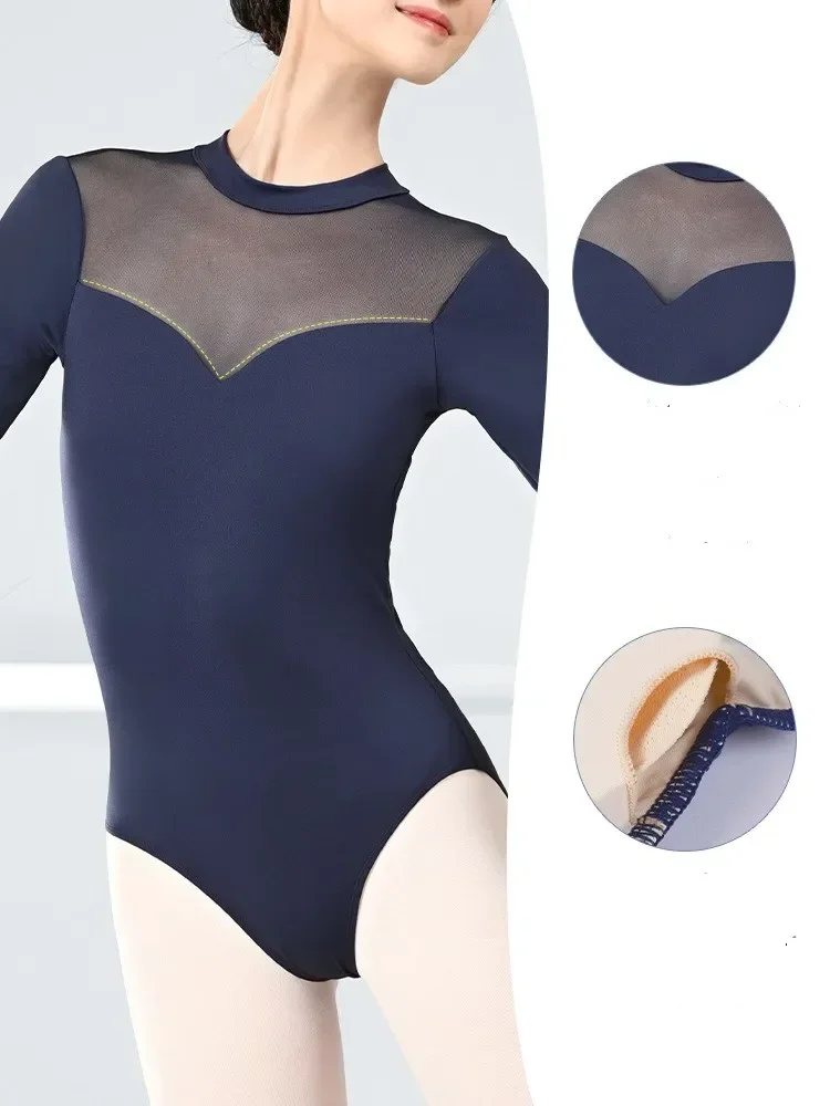 Velvet Net Dance Leotard For Women Ballet Dance Long Sleeve Gymnatics One Piece Bodysuit Dancewear Sexy Keyhole Cutout Back New