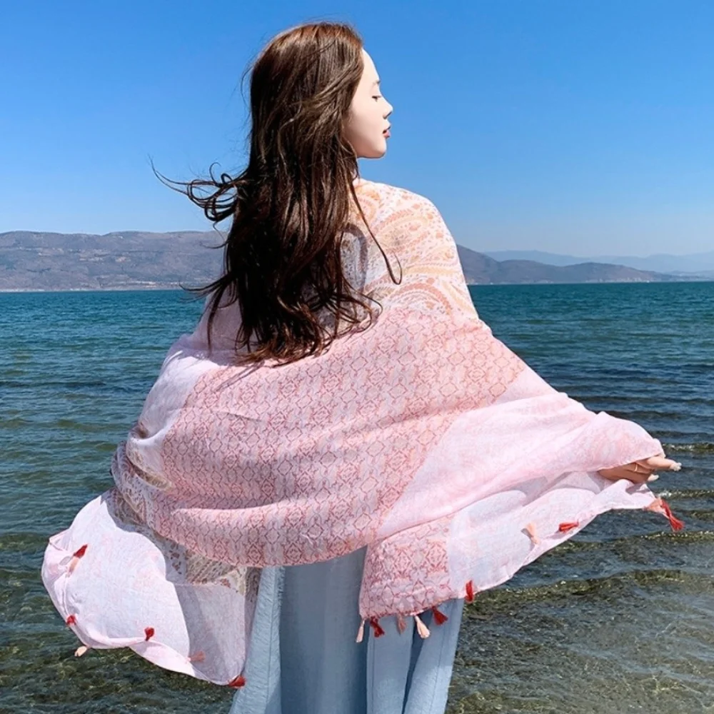 

Fashion Knot Button Sunscreen Scarf Shawl Tassels Flower Cardigan Cape Soft Thin National Style Cloak Beachside