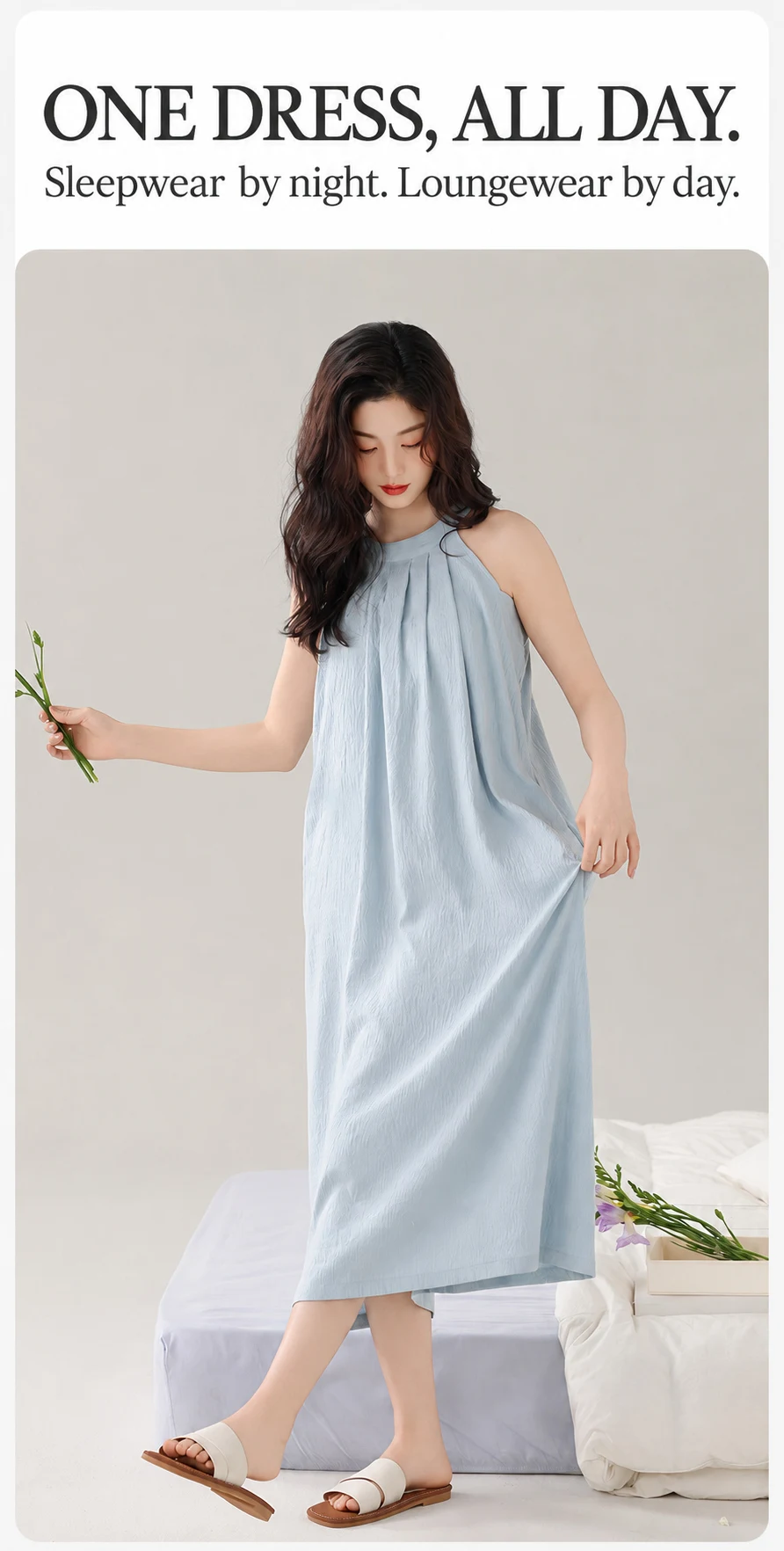 Damen Gepolstertes Ärmelloses Nachthemd mit Eingebautem BH, Herausnehmbaren Polstern, Langes, Weiches Schlafkleid, Sommer-Loungewear, Hauskleid mit Tasche – Detail 12