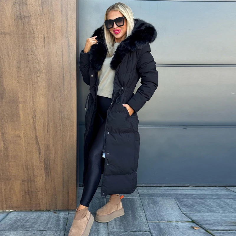 

Women's Fur-collared Hooded Cotton Padded Coat Adjustable Waistband Long Coat Commuter Clothing 2025 Women's New Casual Clothes