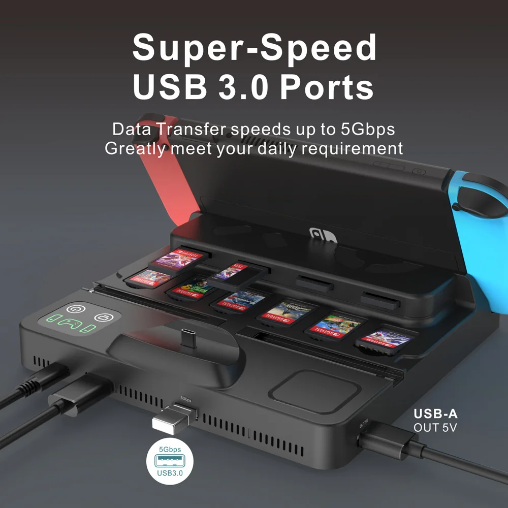 UNITEK Switch Docking Station with 10 Game Card Slots & Joycon Charger 4K@30Hz HDMI USB 3.0 Hub 100W PD for Nintendo Switch