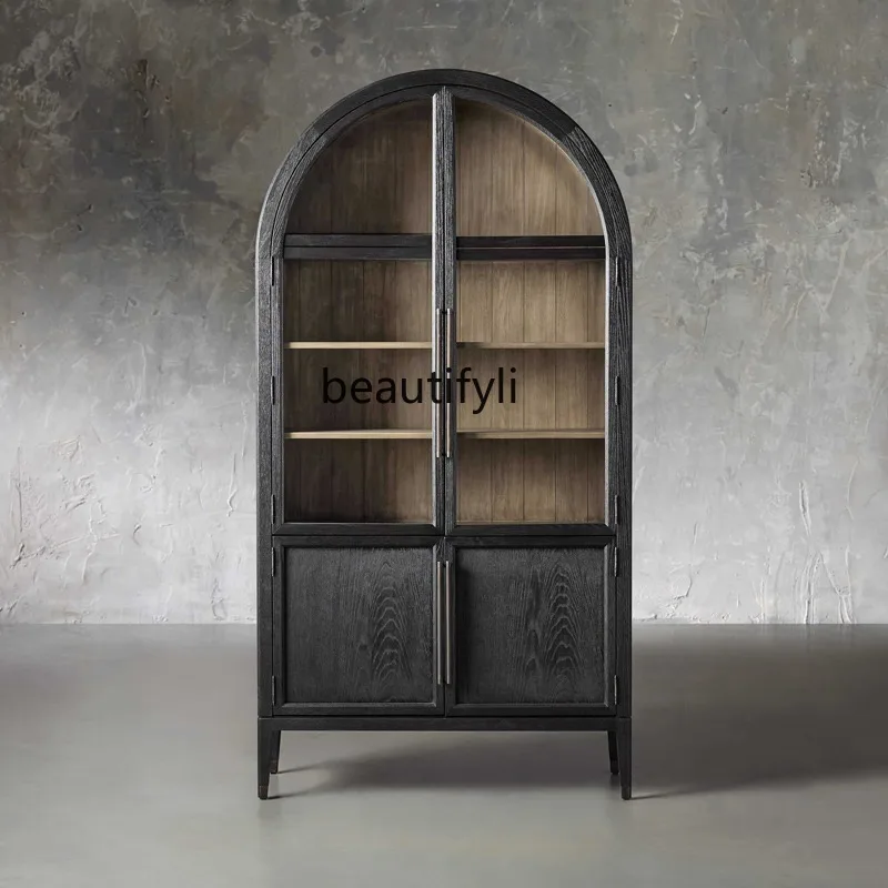 

American Retro Style Arched Bookcase Modern Simple Vintage Solid Wood Glass Door Storage Wine Cabinet