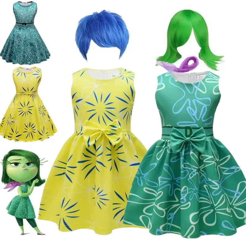 New Cartoon Disgust Inside Out Cosplay Costume for Girls Joy Princess Dress Wig Children Halloween Birthday Carnival Outfits