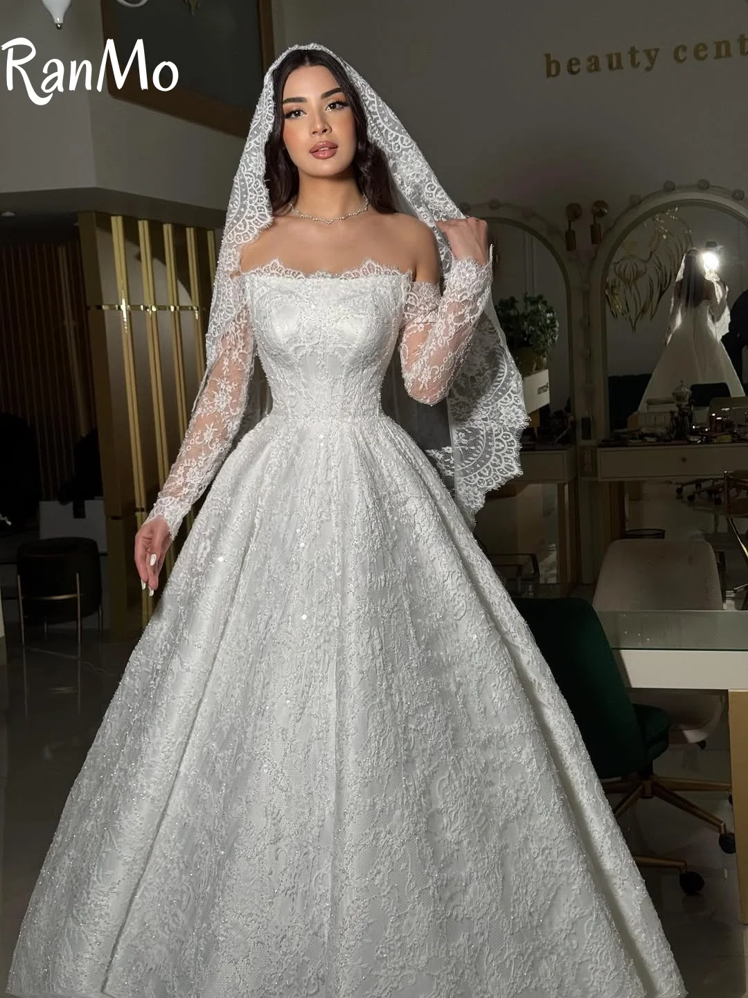 Ranmo ประณีตแขนยาวชุดแต่งงาน Sparkly ปิดไหล่ Backless หรูหรา Sweep Train ชุดเจ้าสาวสําหรับผู้หญิง 2025