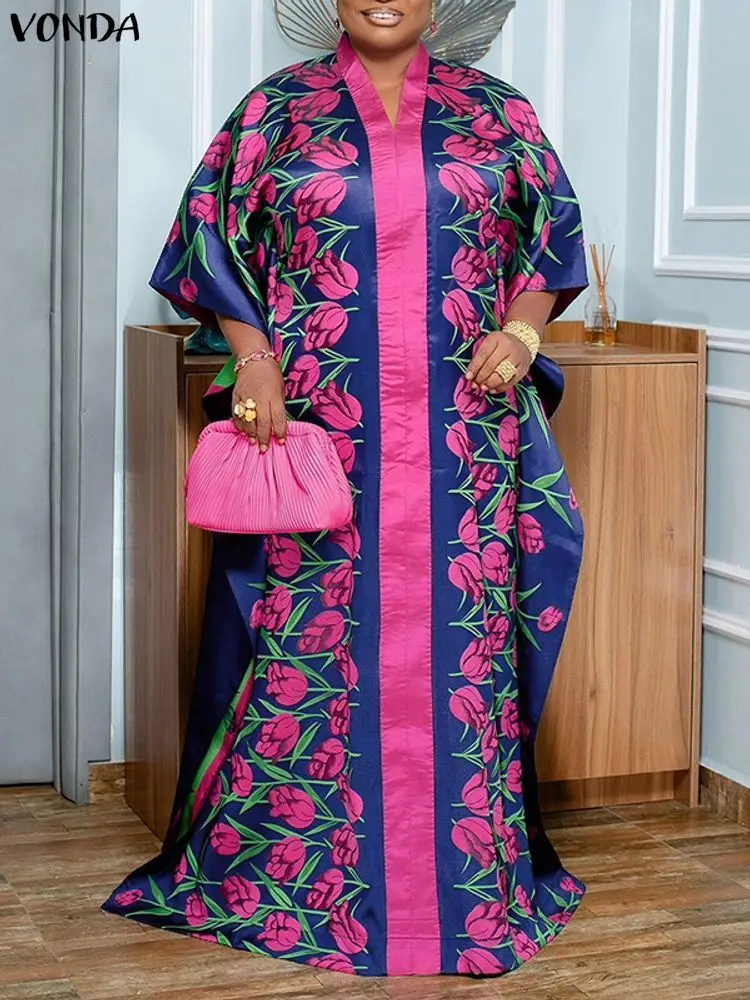 

VONDA женские богемные платья макси большого размера с рукавом 3/4 повседневные вечерние с цветочным принтом вечеринка универсальный атласный длинный халат с v-образным вырезом плюс размер 5XL