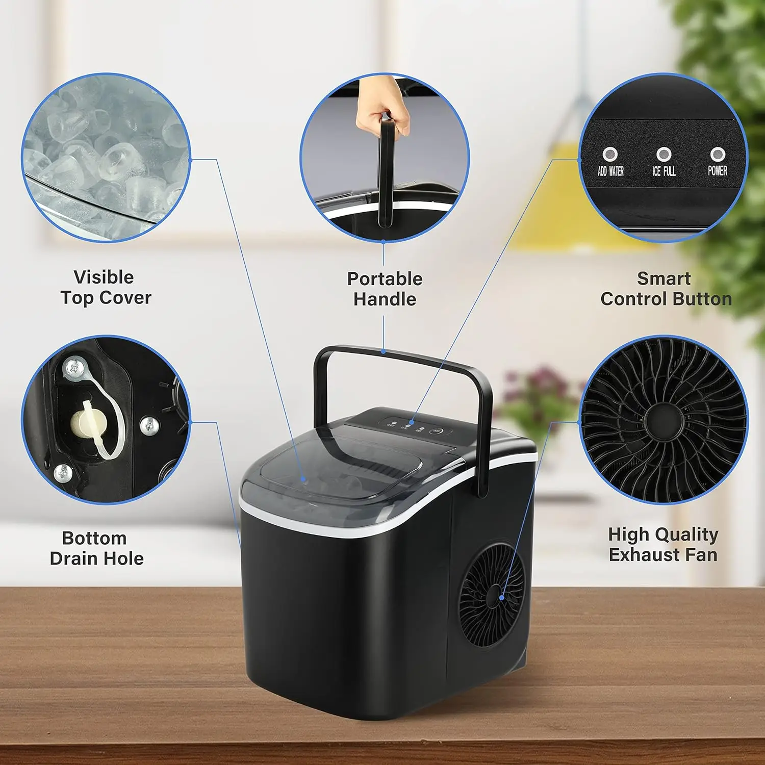 Portable Ice Maker for Countertop, 9 Ice Cubes Ready in 6 Mins, 26lbs Ice/24Hrs, with Self-Cleaning Feature Ice Spoon and Basket