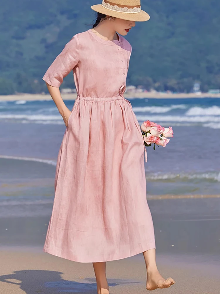 

High-End Original Linen Women's Dress round Neck Long Skirt Artistic Style Gathered Waist Summer New Ethnic Style Dress