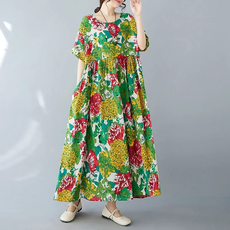 

Short Sleeve Oversized Cotton Vintage Floral New in Dresses for Women Casual Loose Long Summer Dress Elegant Clothing 2025 E7065