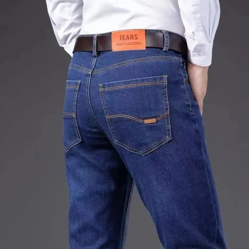 

Новинка 2025 года, мужские эластичные джинсы, мужские классические эластичные деловые джинсы, мужские модные удобные однотонные тонкие прямые длинные джинсовые брюки