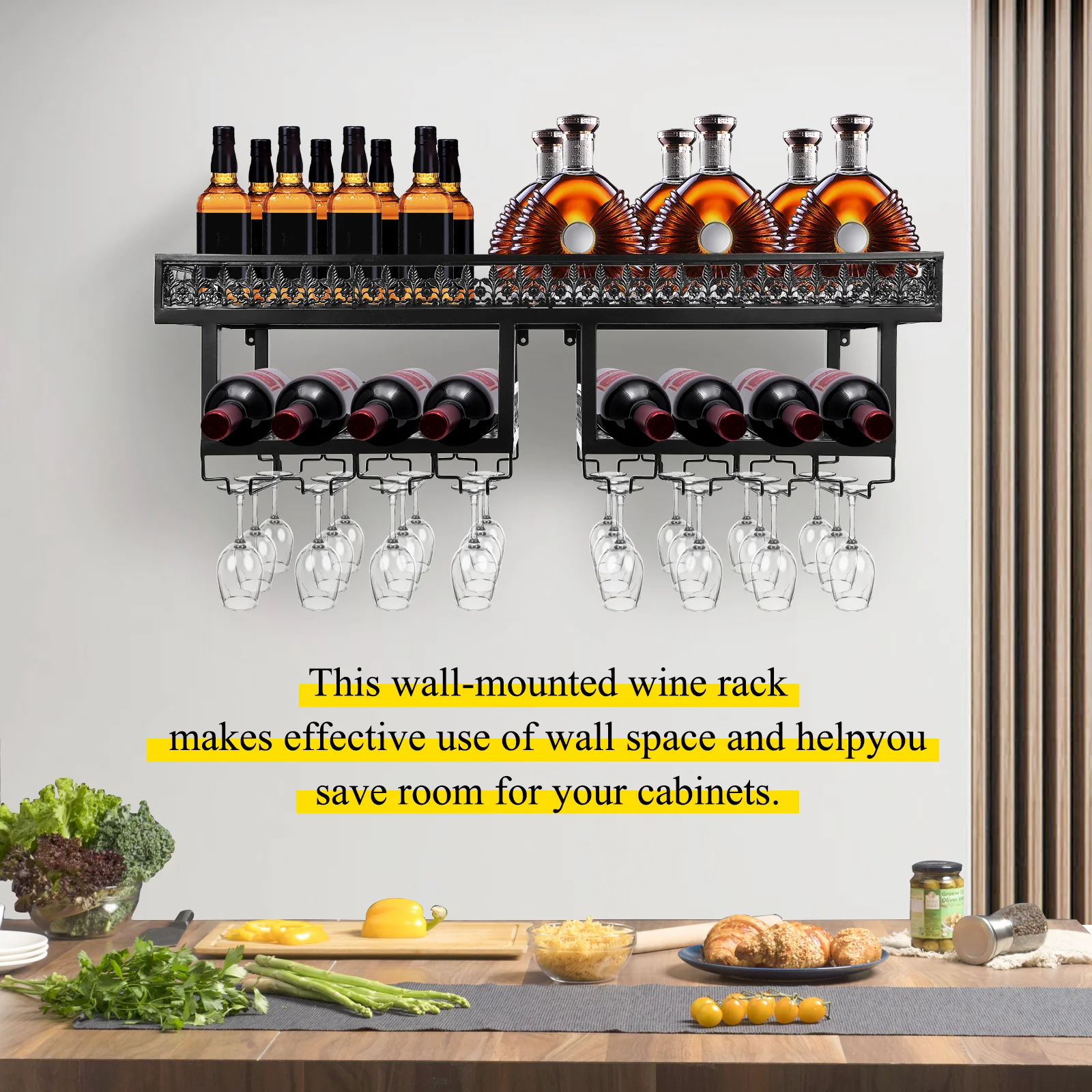 2 Tier Wall-Mounted Wine Rack 2 Tier Storage Shelf Glass Hanging Holder Shelving Bar Home