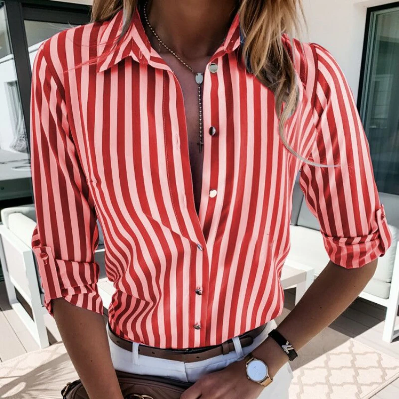 Red And White Striped Shirt Womens Vintage Casual Shirts Lady Fall Commute Style Blouses Long Sleeve Fashion Oversize Top Gift