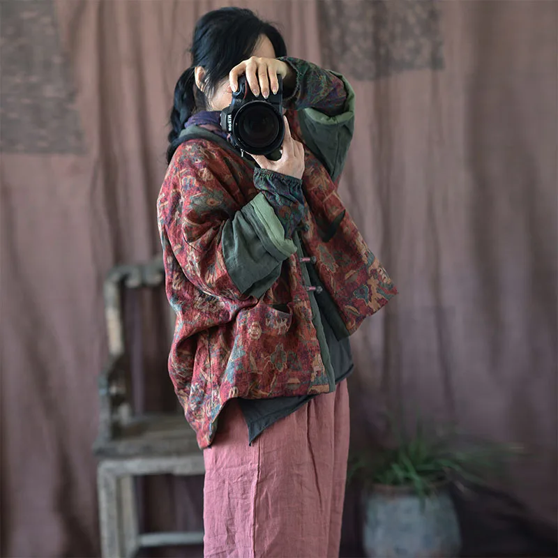 Women's High-quality linen Autumn Hanfu Jacket Lightweight Thin Quilted Outwear Open Front Vintage Printed Patchwork Short Coats