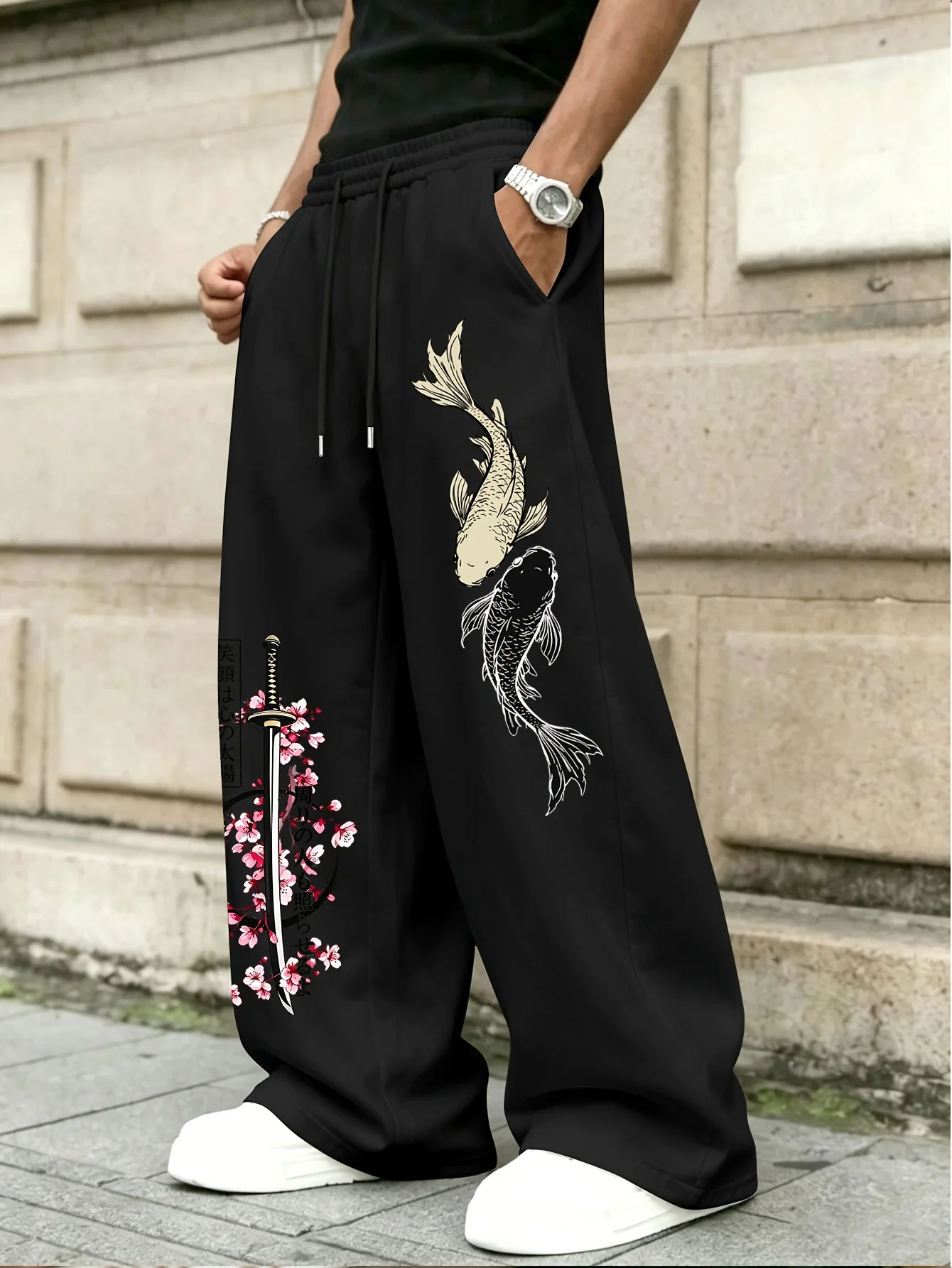 Street hip-hop style men's straight leg pants art pattern samurai sword koi cherry blossom print design