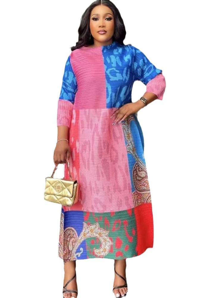 ANLAN Miyake Pleated Printed Dress Color Contrast Long Sleeved Relaxed Women\'s Long Casual Party Dresses for 2024 New 9AN3715