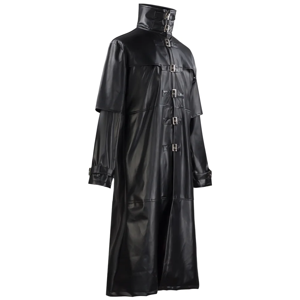 Men Plague Doctor Cosplay Costume Medieval Vintage Long PU Leather Coat Snap Button Gothic Steampunk Overcoat for Halloween view 3