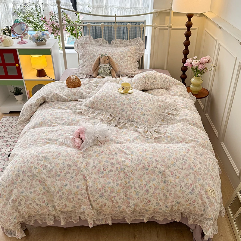 

French Floral Ruffles Princess Bedding Set Double Layer Yarn Pure Cotton Duvet Cover Set Pillowcases Flat/Fitted Bed Sheet 4Pcs