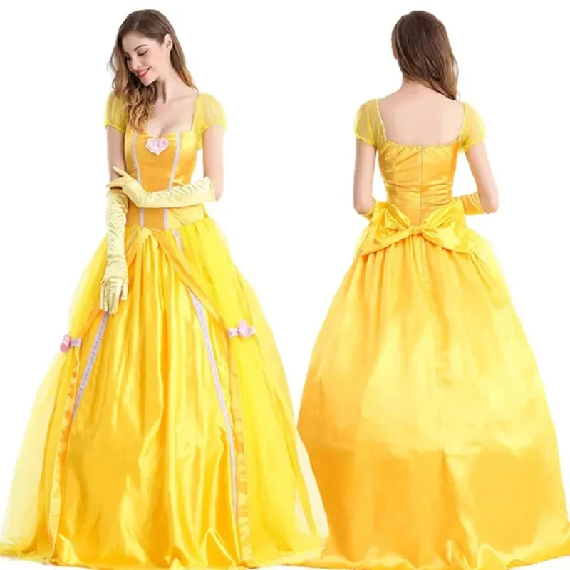 Belle Beauty And The Beast Yellow Long Dress Halloween Costume Belle Princess Dress Masquerade Carnival Adult Belle Roles Suit