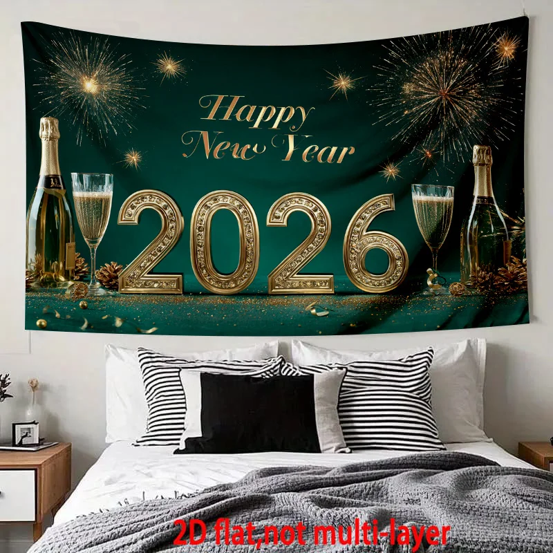 Partybanner „Frohes Neues Jahr 2026“ – Elegantes goldenes Feuerwerk, Champagnergläser und farbige Papierdekorationen – dunkelgrün