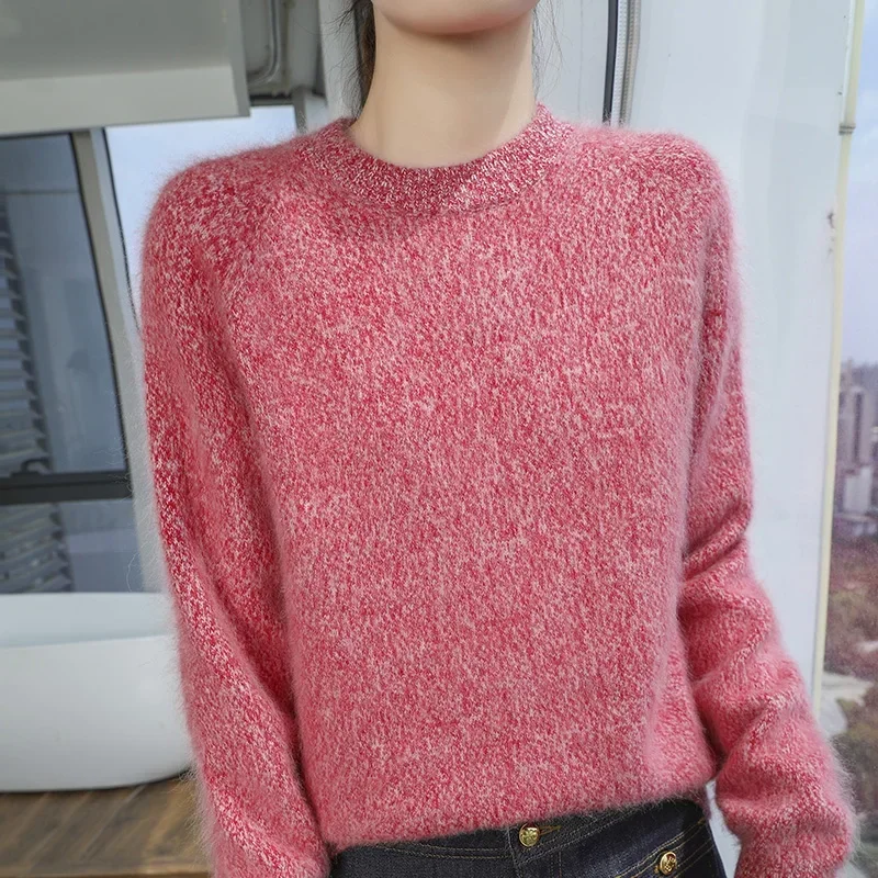 100% Mink Cashmere Autumn And Winter New Pullover Long-Sleeved Round Neck Warm Base Shirt Style Match Color Casual Knitted Top