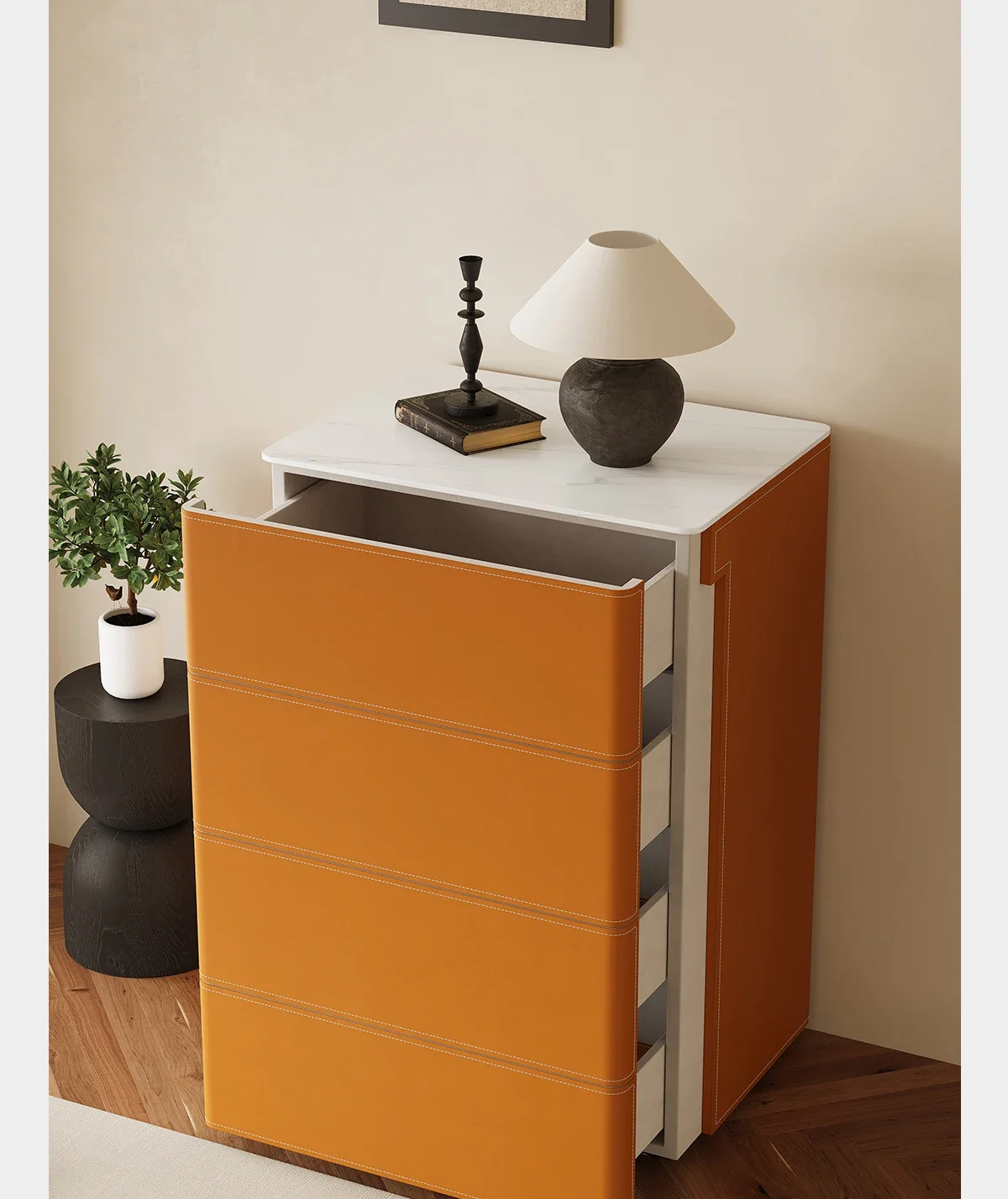 Italian minimalist rock slab chest, living room against the wall, drawer, storage, master bedroom, bedside storage cabinet