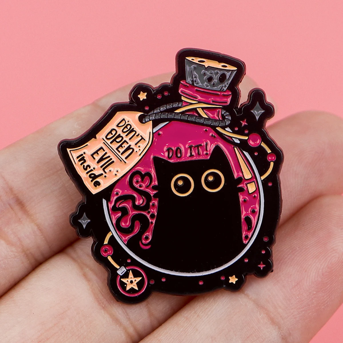 Bottled Menace Evil Black Cat Enamel Pin Funny Badge Metal Lapel Brooch For Backpacks Brooches Fashion Jewelry Accessories Gifts