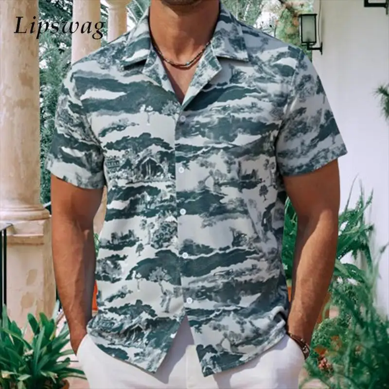 

Vintage Graphic Shirts Mens Spring Summer Daily Casual Short Sleeve Button-up Lapel Shirt Seaside Beach Leisure Men's Cardigans