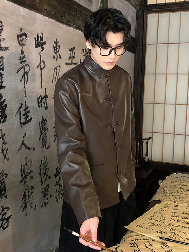 

New Chinese Sle Men's Leather Jaet Spring Autumn Nicer Looking Windbreaker Tang Costume oulder Length PU Coat