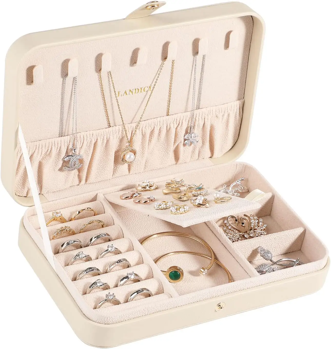 

Portable PU Leather Jewelry Box for Travel, Compact Organizer with 7 Ring Slots & Necklace Hooks, Apricot