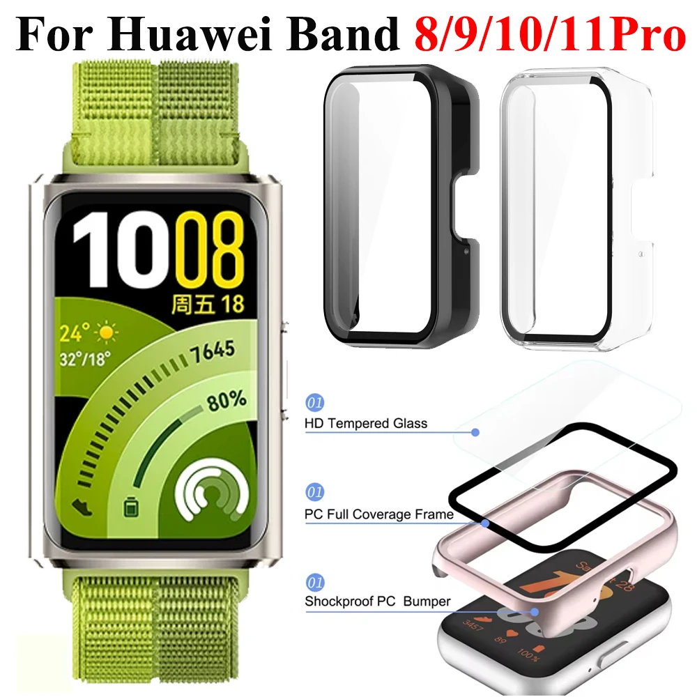Uhrengehäuse für Huawei SmartBand 11Pro, gehärtetes Glas, Displayschutzfolie, harter PC-Stoßfänger + Glas für Huawei Band 11, 10, 9, 8, Zubehör