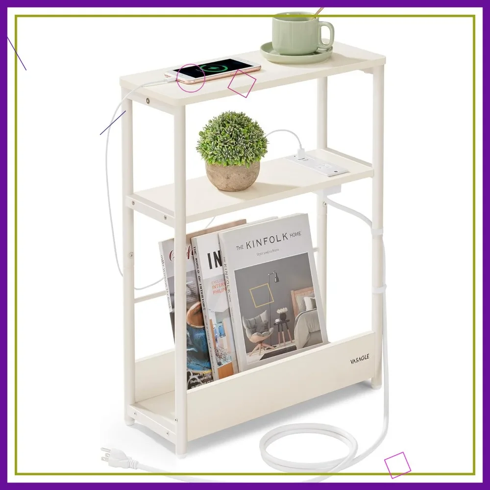 

Slim Side Table with Charging Station, 3-Tier Nightstand for Small Spaces, Cream White