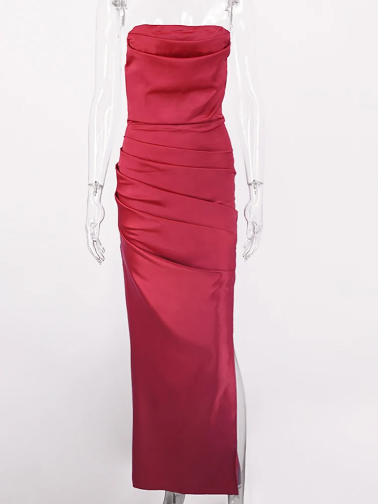 ผู้หญิงเซ็กซี่ปิดไหล่ชุด 2024 ขายร้อนพรหมปาร์ตี้สีทึบ Fishbone Strapless พับ SLIM FIT