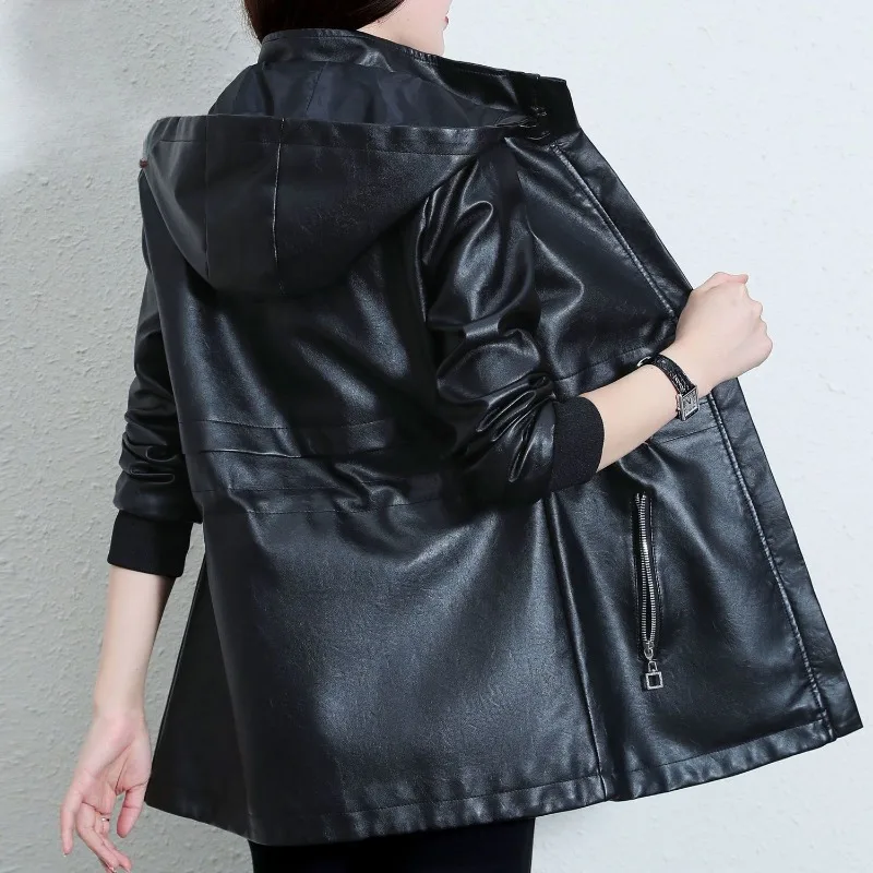 2023 Spring Autumn New Women Large Size Long Motorcycle Wind PU Leather Clothes Thin Solid Slim Casual Detachable Cap Jacket