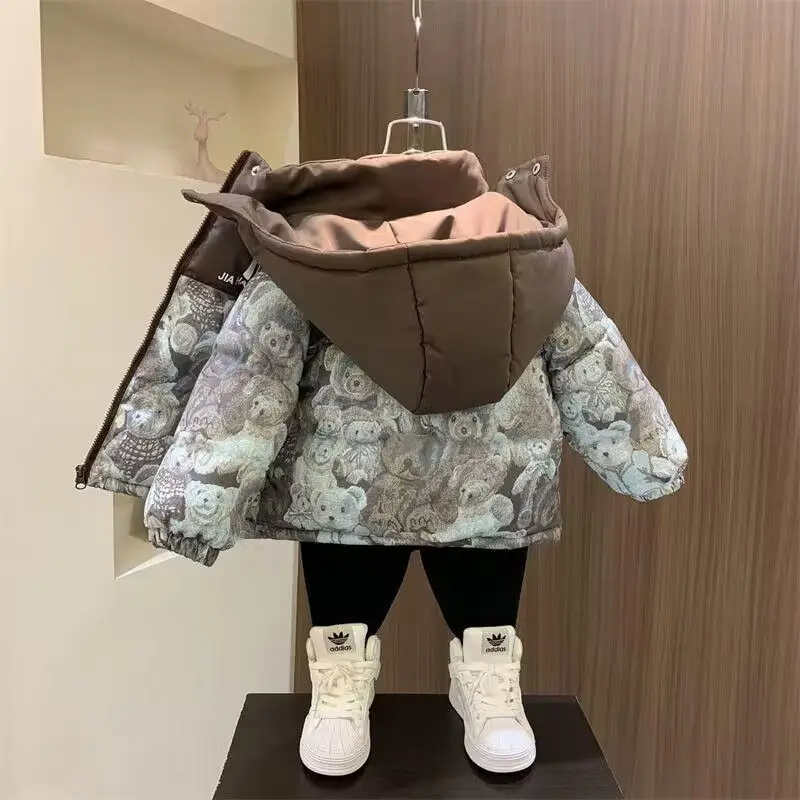 Boys Winter Coat Bear Print Cotton Coat New Handsome Children\'s Fleece Coat Winter Thick Warm Baby Plus Velvet Cotton Hooded