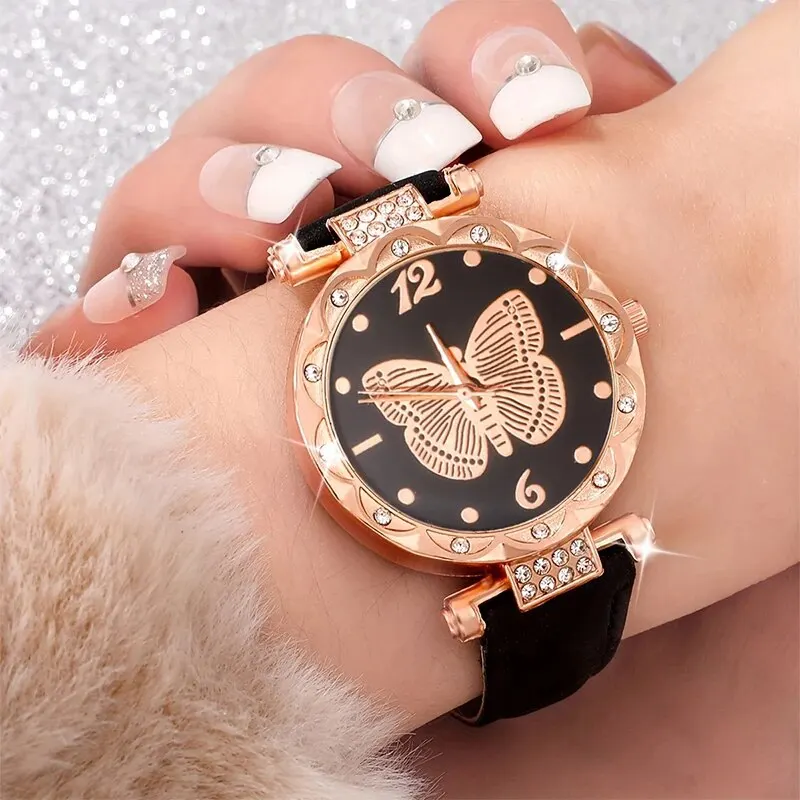 Fashion Butterfly Rhinestone Quartz Wristwatch Ladies Casual Simple Watches Relogio Feminino