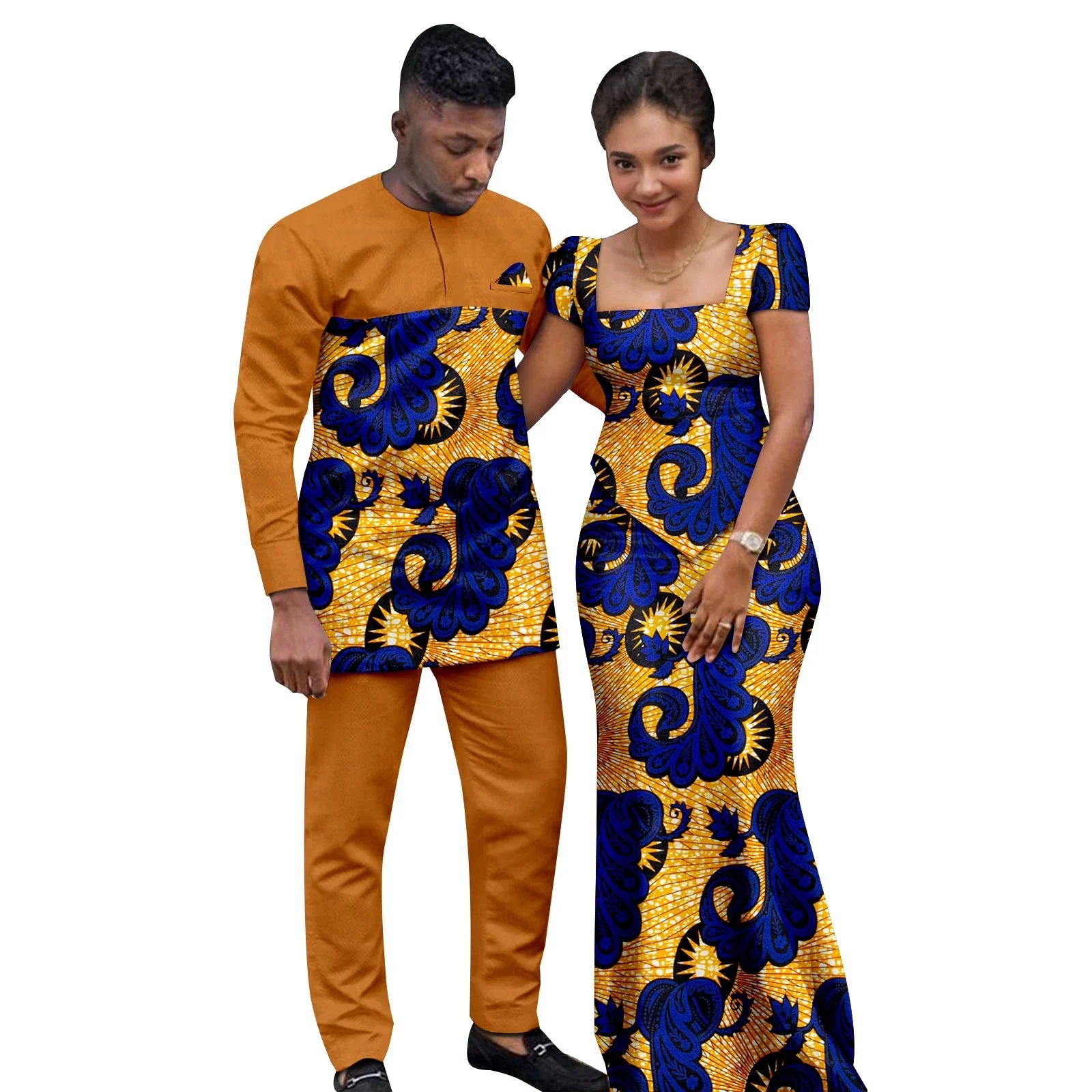 

African Print Top And Skirt Sets for Women Matching Men's Outfits Couple's Bazin Riche Clothing Top And Pants Ensemble