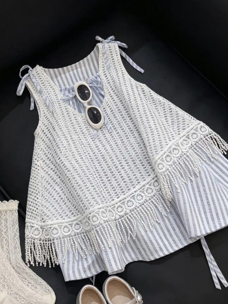 

Girls Summer Dress Hollow out Holiday Stripe Two Piece Set Fashionable Long Skirt Breathable round Neck Open Cardigan