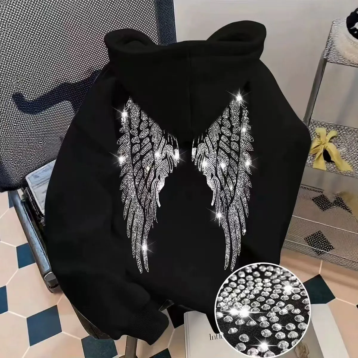 2026 Trendy New Minimalist Design with Wings and Rhinestone Sweatshirt, Casual Loose Hoodie, Pullover Jacket