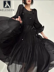 AELESEEN Runway Fashion Black Dress Women Summer Lantern Sleeve Loose 3D Appliques Beading Belt Casual Long Party Female