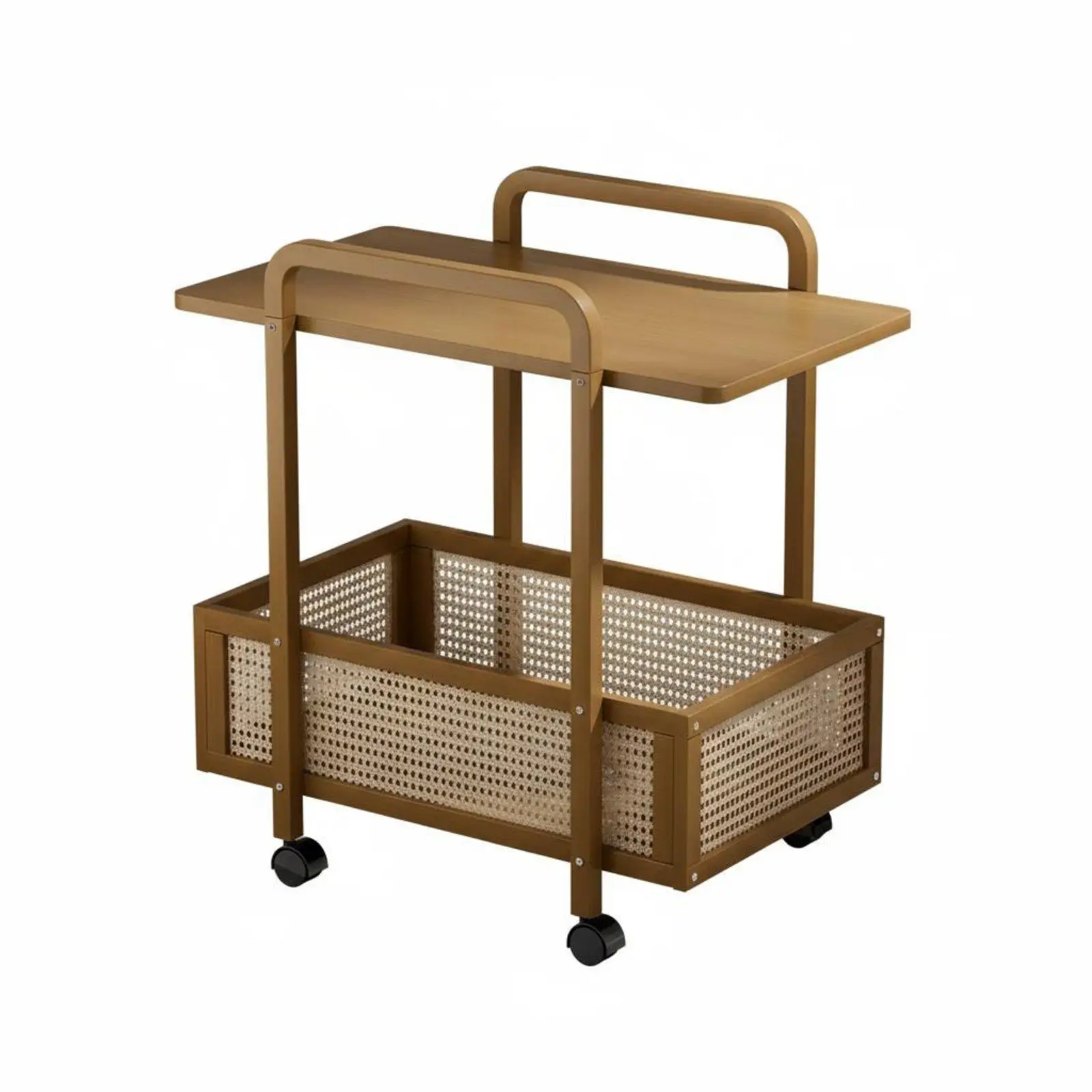 Rattan Style Mobile Side Cabinet on Wheels for Small Apartment Living Room Sofa Storage Trolley