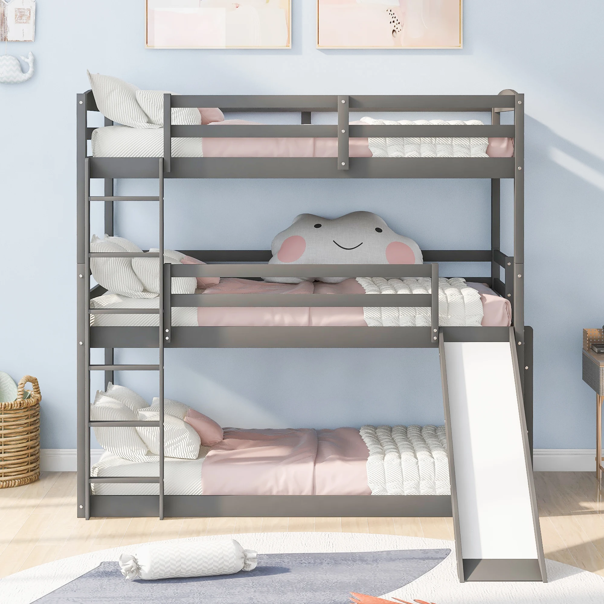 Twin over Twin over Twin Adjustable Triple Bunk Bed with Ladder and Slide,Gray