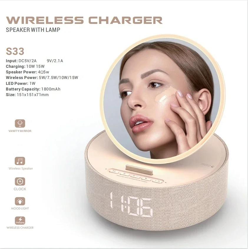 Digital Alarm Clock with Bluetooth Speaker Vanity Mirror for IPhone 14 13 12 Fast Wireless Charger Dimmable LED Display