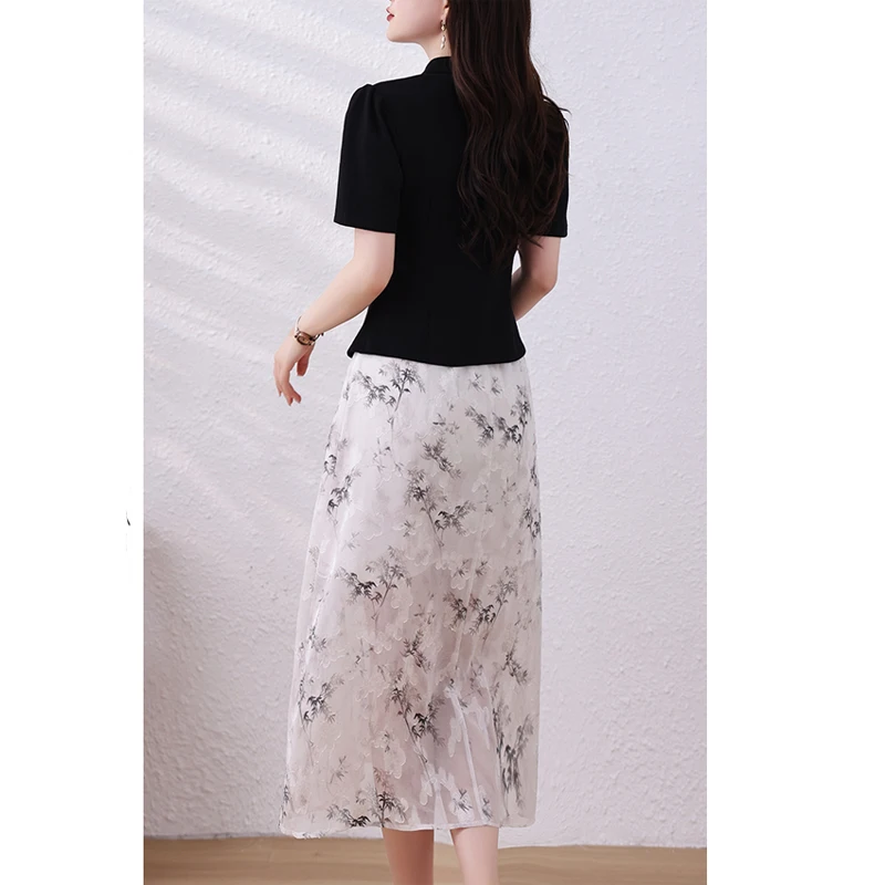 Summer Two-piece Set For Women Black Chinese Style Embroidery Beading Tops And Floral Printed Skirt Female Large Size Match Suit