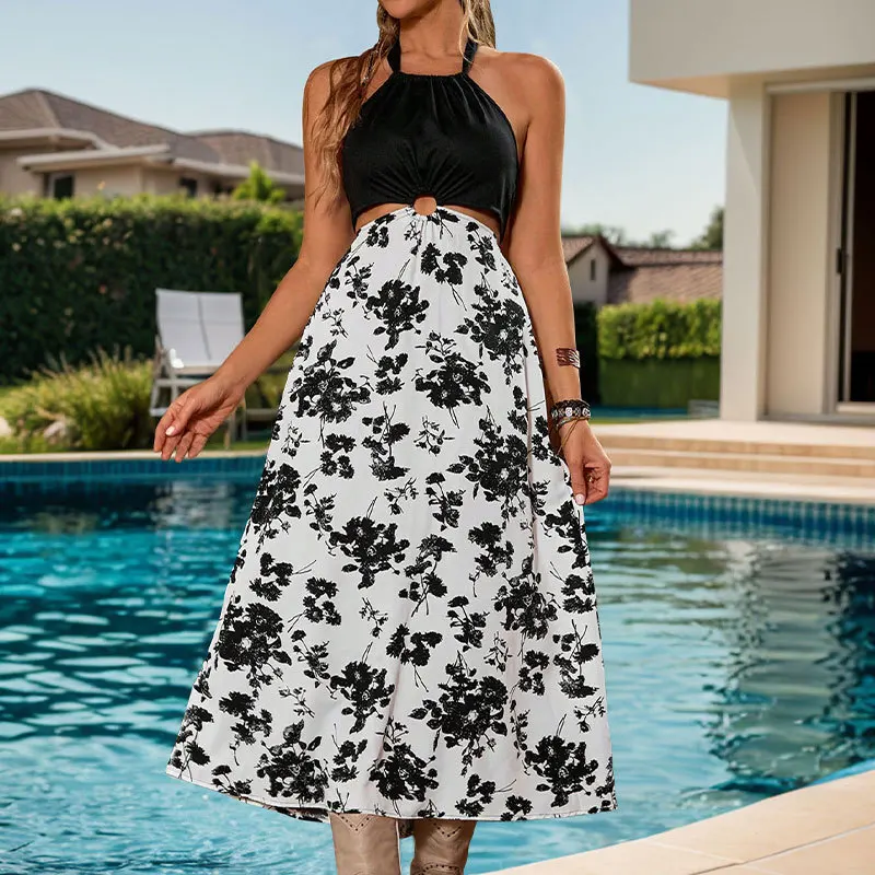 

2025 Summer Hanging Neck Skirt High Waist Printed Splicing Sleeveless Women's Dress