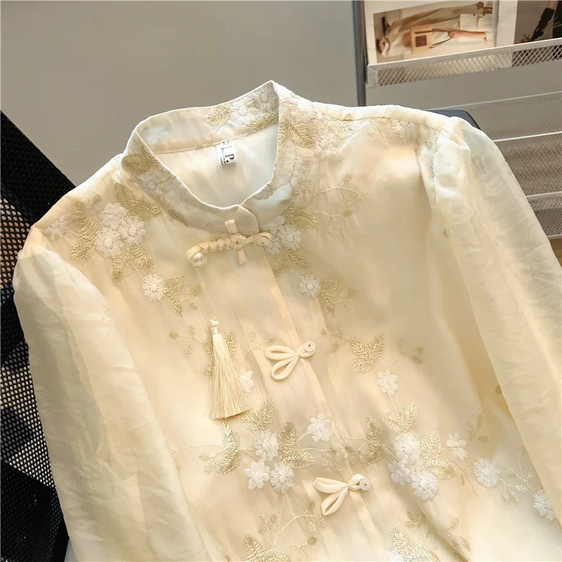 Vintage Embroidery Women\'s Shirts Trend 2024 Slim Long Sleeve Top Korean Clothing Sales Chinese Style Women Blouses