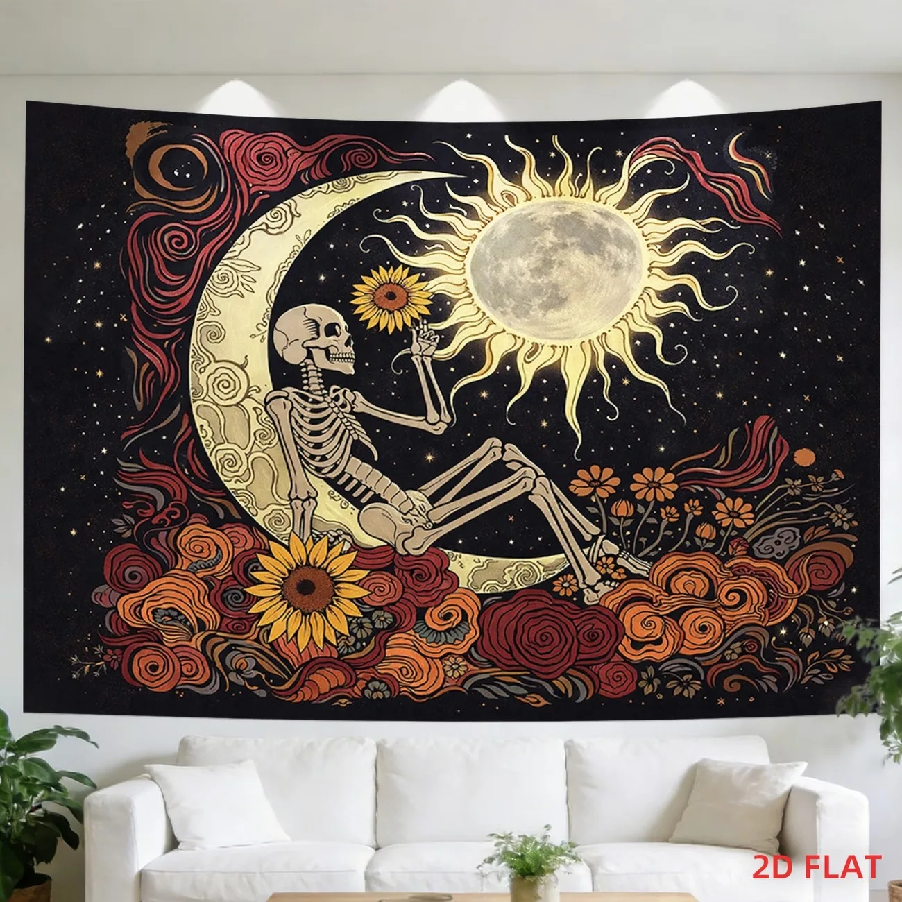 VIKAMA Dark Boho Tapestry Skull Wall Art Vintage Mexican Design with Roses and Sunflowers for Aesthetic Room Decor