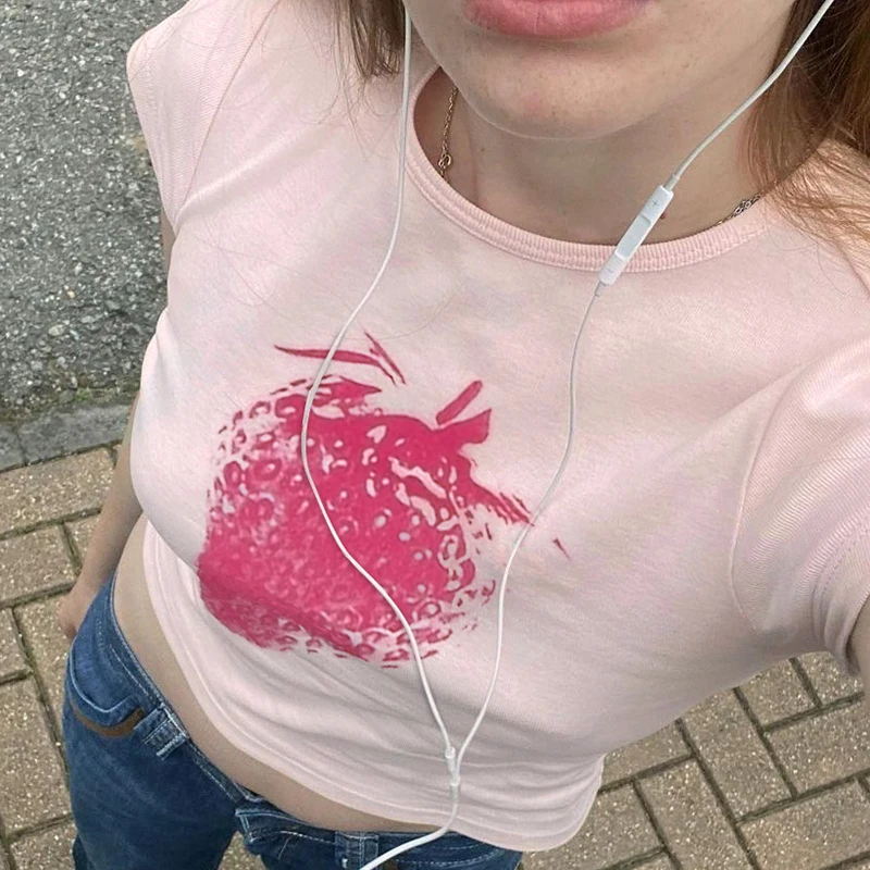 Sommer Erdbeer Brief niedlich Harajuku O-Ausschnitt Kurzarm T-Shirts Grafik gedruckt Grunge Pink Crop Tops Baby T-Shirt Gothic y2k