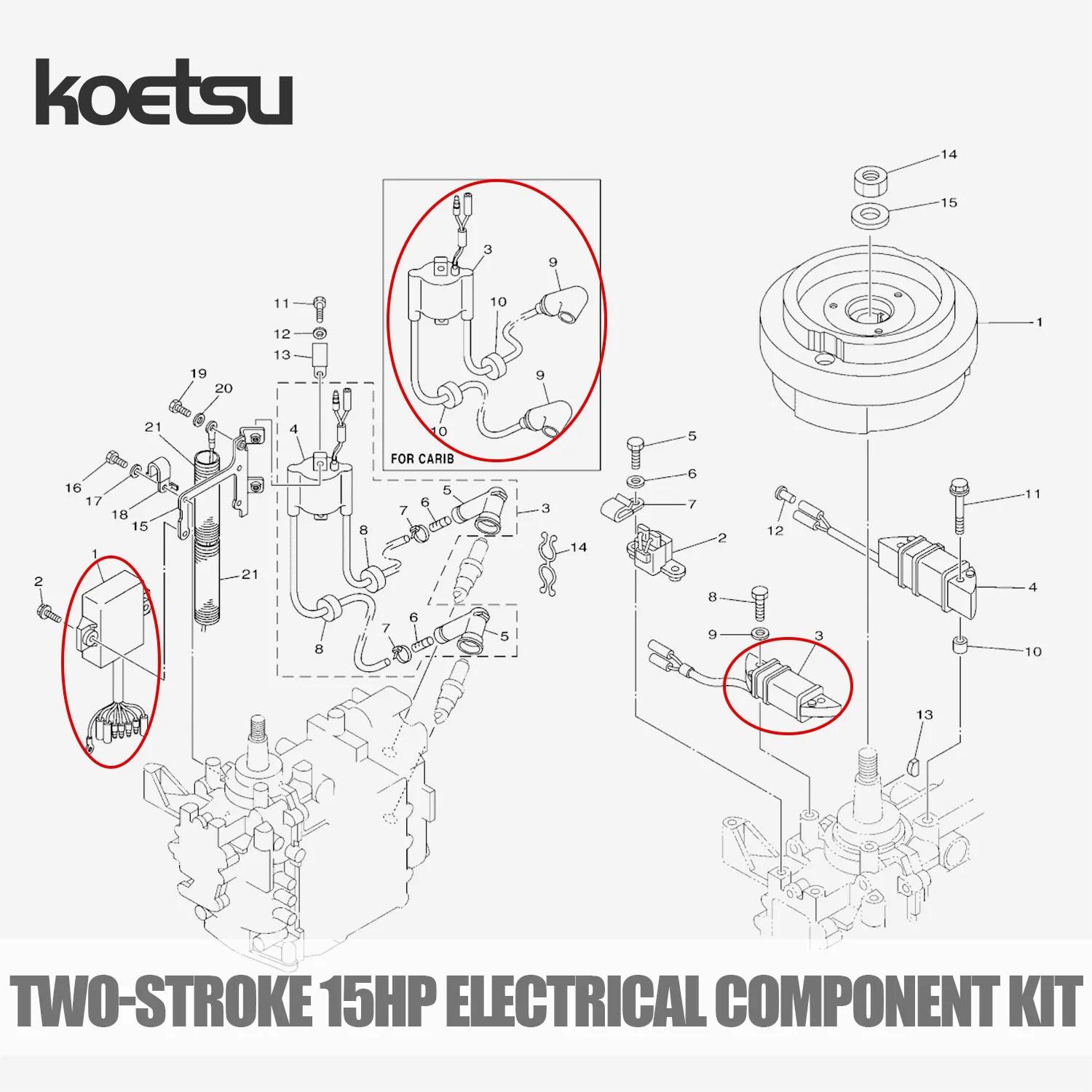 KOETSU Outboard Motor Electrical Components Kit Suitable for Yamaha 2-stroke 15HP Engines 6B4-85540-03 6B4-85520-00 6B4-85530-00