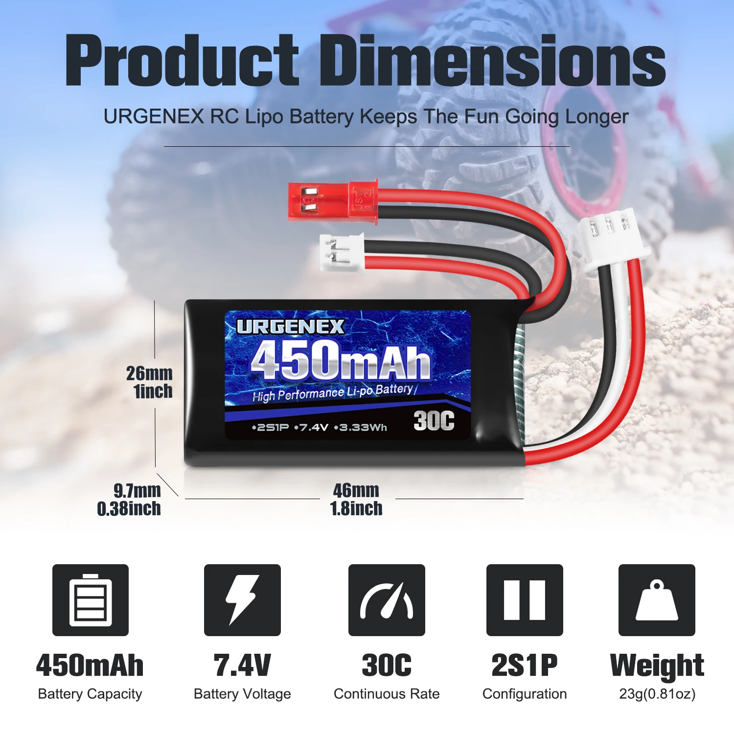 URGENEX 2S 30C 450mAh Rechargeable Light Lipo Battery with JST & PH2.0 Plug Low Internal Efficient Energy Fit for Most Mini Craw